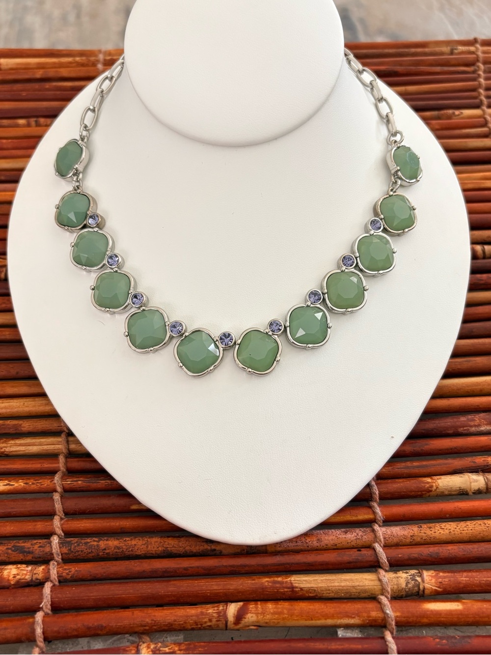 Lia Sophia Sage Green Faceted Necklace with Silver Accents 16.5”-19” NWT